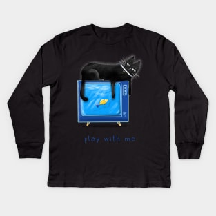 Cartoon black cat with a TV and a fish on the screen and the inscription "Play with me". Kids Long Sleeve T-Shirt